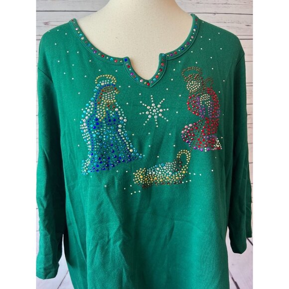NWOT‎ Quacker Factory Nativity Shirt Plus Size 1X Rhinestones Ugly Christmas top - Picture 6 of 10